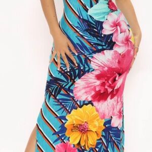 Tropical Floral Maxi Dress in Turquoise & Pink